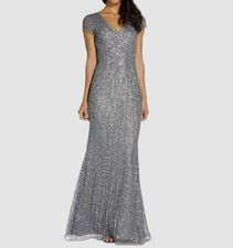 Adrianna Papell Women's Sliver Sequins Beaded V-Neck Short Sleeve Dress Size 2