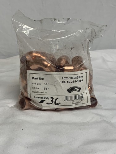 36 Pack! WP7-08 1/2" COP 90 (HL15-235-0050) COPPER 90° Elbow