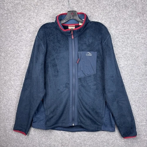 LL Bean Mens Hi-Pile Fleece Full Zip Jacket Navy Blue Red Trim XL 508266 - product listing photo