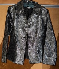 Chico's Size L Jacquard Jacket Blazer Black Silver Metallic Poly Blend Lined