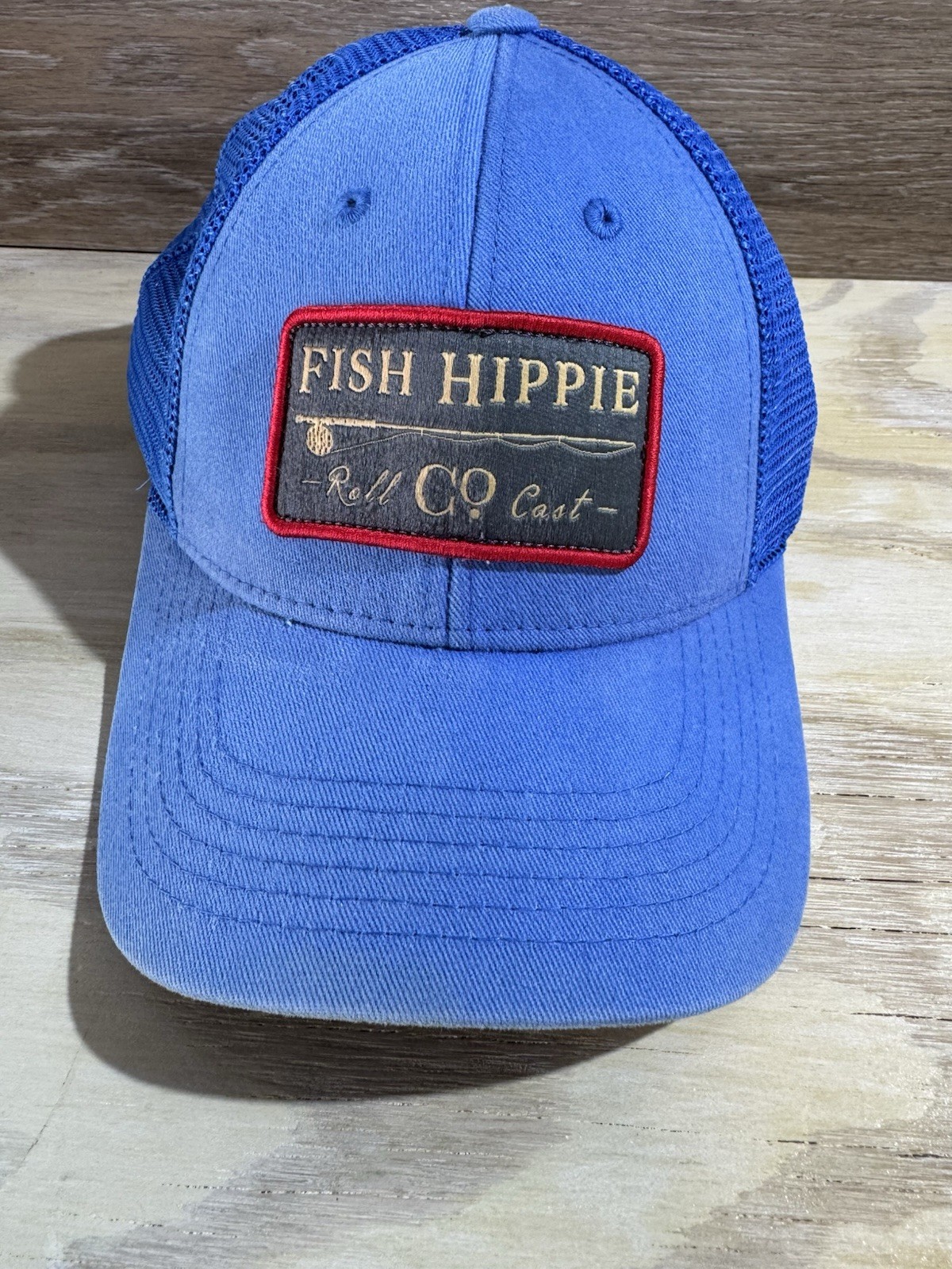 Fish Hippie Roll Cast Trucker Hat Royal Blue Mesh Snapback Cap Coastal Fishing