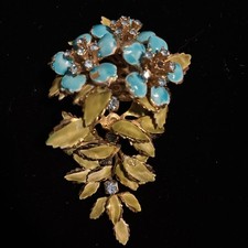 Vintage VENDOME Signed Turquoise Floral Brooch Green Glass Leaves Mid Century