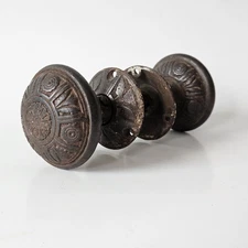 Original Antique 1886 Nashua Cast Iron Ornate Door Knob Set & Lockwood Rosettes
