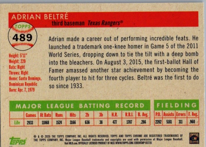 2025 Topps Chrome Platinum #489 Adrian Beltré Blue Shimmer Refractors #/100