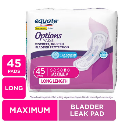 Equate Options Women's Incontinence Pads, Long Length (45 Count)