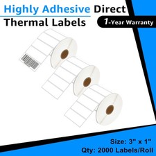 3 Rolls 3"x 1" Thermal Barcode Labels 2000/Roll Work for Zebra  Rollo Printers