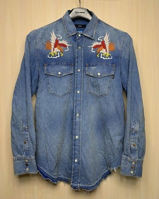 Diesel Silence In Noise Distressed Eagles Embroidered Denim D-Rooke Shirt Size S
