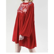 UMGEE sz S DRESS EMBROIDERED Flowy Babydoll Balloon Sleeves Peasant Boho RED Z23