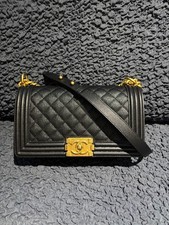 Chanel Le Boy Medium Black Caviar Leather Shoulder Crossbody Bag Gold HW Auth