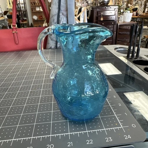 Vtg Blenko Glass Pitcher In Teal Crackle 5.5” Clear Handle Heart