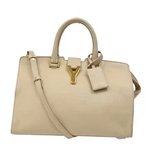 SAINT LAURENT  Logo Classic Y Cabas 2 Way Hand Bag Leather Beige Gold 72KA839