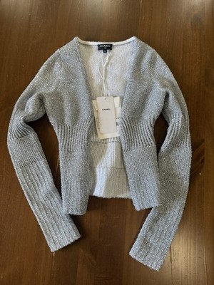CHANEL Silver Metallic Knit Cardigan Sweater Logo Accents V-Neck