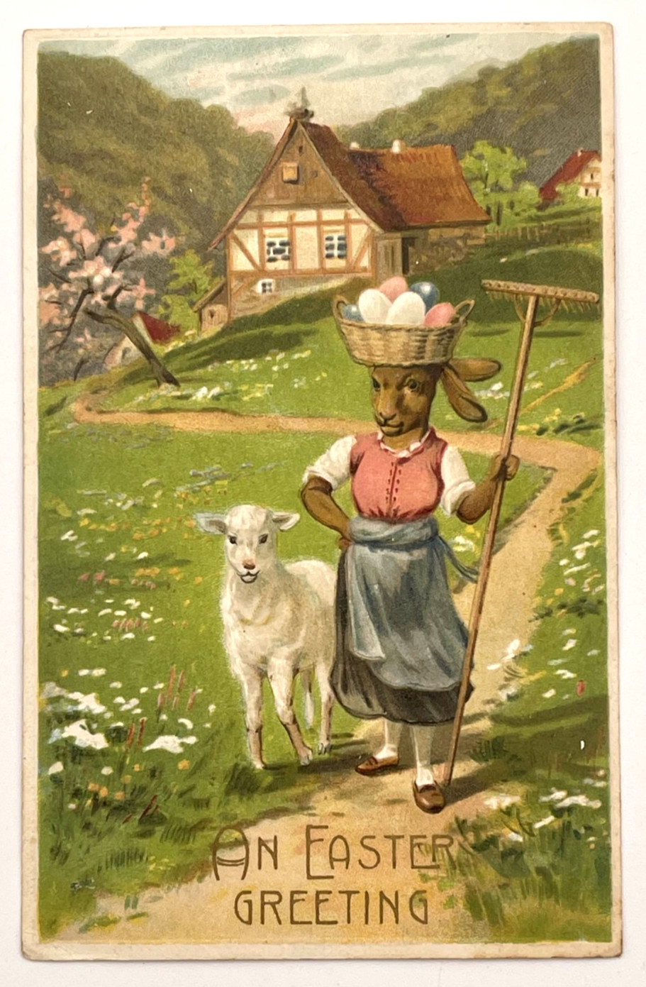Antique Anthropomorphic Easter Postcard – Rabbit Lady with Eggs & Lamb