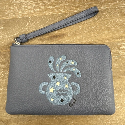 Polsino Coach x segno zodiacale acquario porta acqua pelle blu cerniera angolare