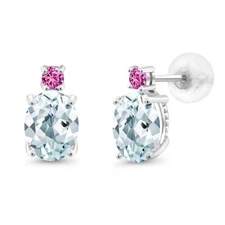 2.50 Ct Oval Sky Blue Aquamarine Pink Created Sapphire 14K White Gold Earrings