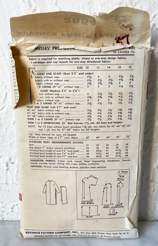 Advance Sewing Pattern 2854 Misses Coat & Scarf Misses Size 16 Vintage - Image 3 of 3