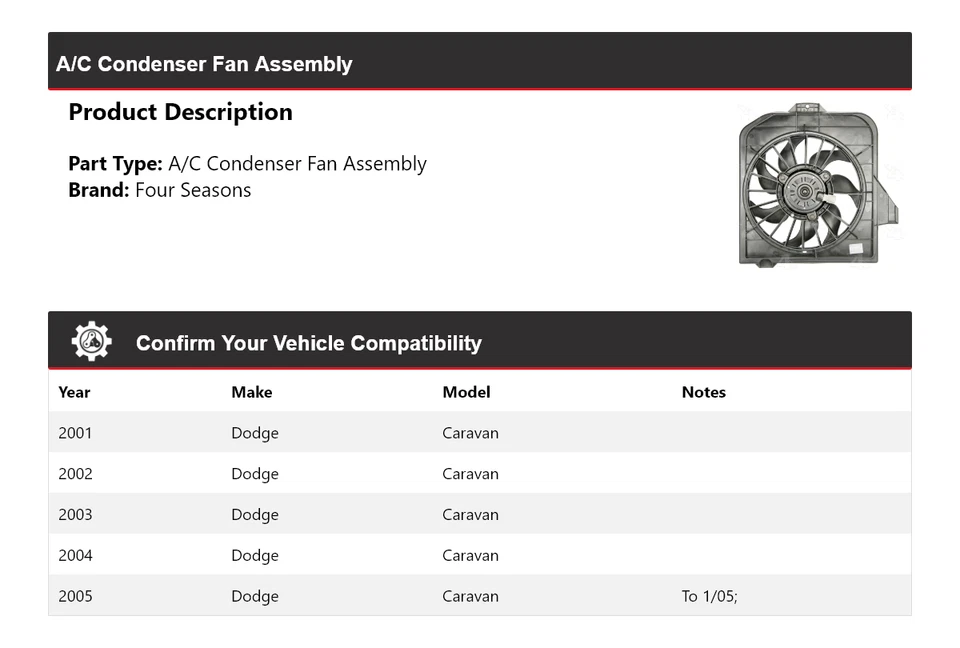 For 2001-2005 Dodge Caravan A/C Condenser Fan Assembly 4 Seasons 2002 2003 2004 - Image 2 of 4