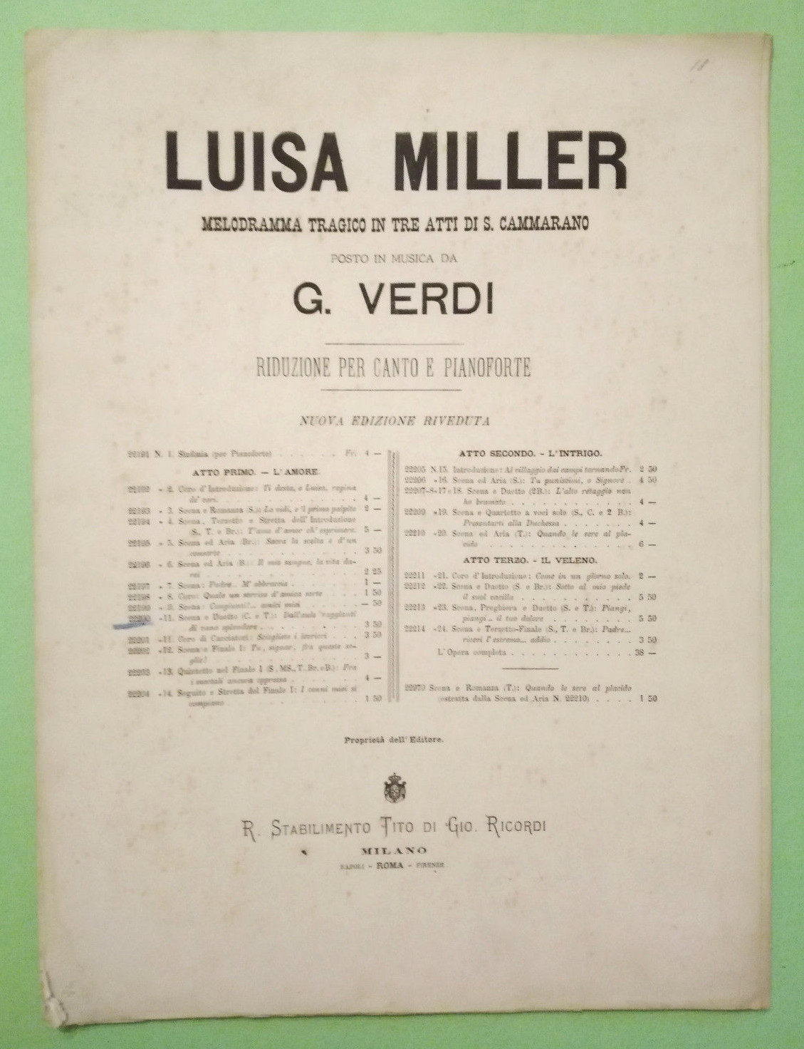 Spartito Music Sheet LUISA MILLER Musica G.Verdi Rid.per Canto e Pianoforte (S1)