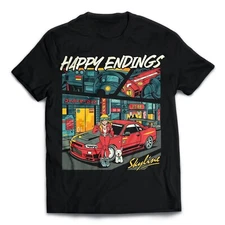 Happy Endings Cyberpunk R34 Skyline Car Anime Girl Japan Streetwear T-Shirt Sz L