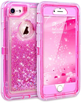 For iPhone 7 Plus / 8 Plus Transparent Glitter Quicksand Liquid Case Hot Pink