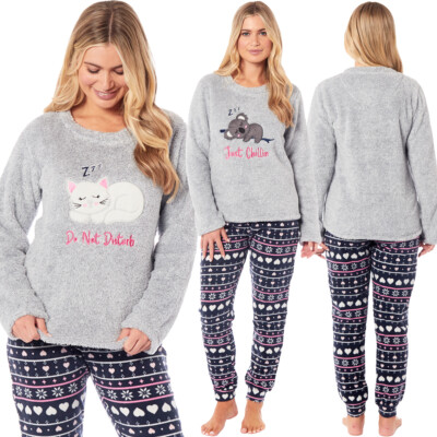 BRAND NEW LADIES PYJAMAS SOFT COSY WARM PYJAMA SET CAT KOALA
