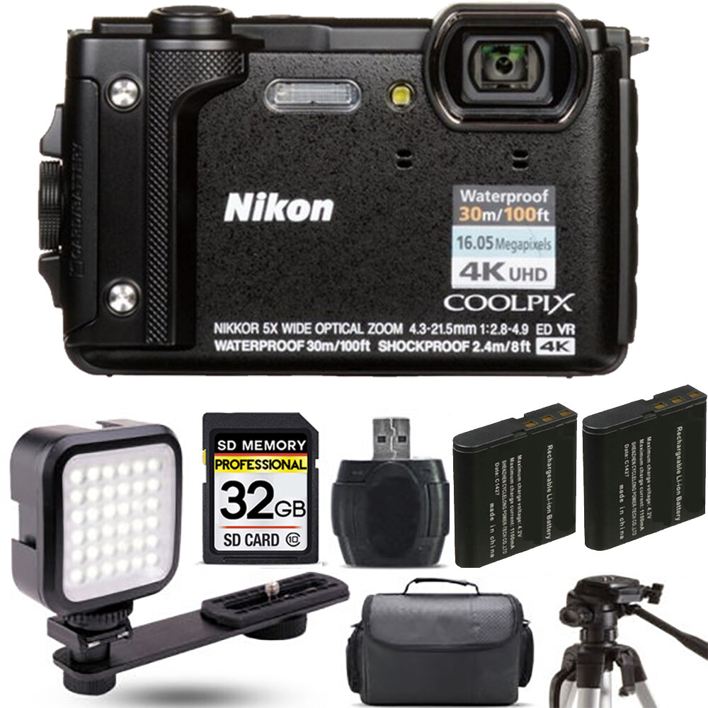 Nikon COOLPIX W300 Camera (Black)+ Extra Battery + LED - 32GB Kit
