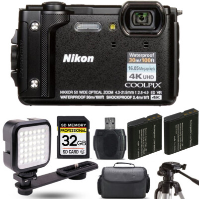 Nikon COOLPIX W300 Camera (Black)+ Extra Battery + LED - 32GB Kit 