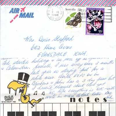 1988 W. Mackay, QLD Air Mail Handwritten Letter Memo Iowa Brisbane World Expo 3C