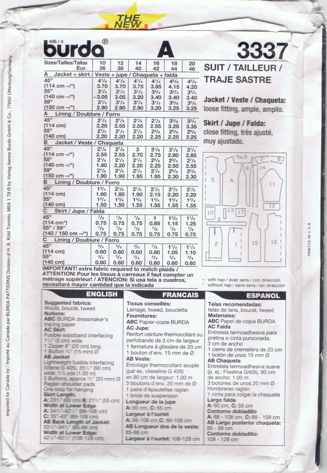 Uncut Burda Pattern 3337 Womens Suit 10-20 Straight Skirt Long Safari Jacket FF - Image 2 of 4