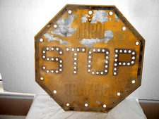 Vintage  YELLOW  "STOP"- THRU TRAFFIC ROAD/STREET SIGN with CAT EYE REFLECTORS