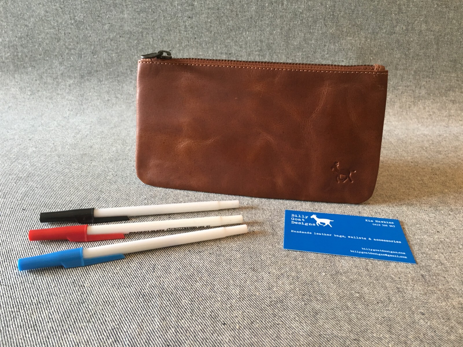 Leather Pencil Case 8" x 4.5" Buffalo PCA Art Student YKK Zip Billy