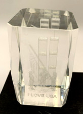 World Trade Center Twin Towers NY 9/11 3D Laser Etched Paperweight "I Love USA"