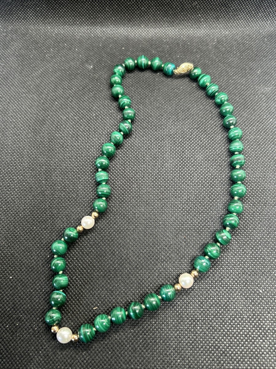 Vintage 14K Gold and 8MM Green Malachite Pearl Gemstone Beaded