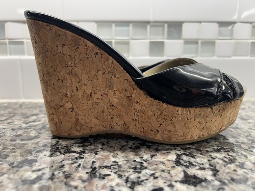 Jimmy Choo Womens Black Patent Leather Wedge Cork Platform Sandal Sz 35 EU 5 US - Picture 4 of 11