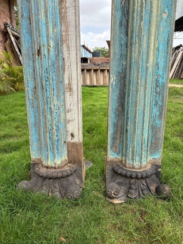 Antique Style Hand-Carved Wooden Pillar Pair Of 2 Architectural Column Decor - Picture 4 of 6