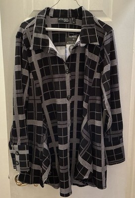 Attitudes by  Renee Button Front Cozy Knit Swing Shirt  Black & White  Large NWT