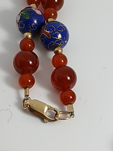 Chinese Export Blue Pink Cloisonne Enamel Flower Carnelian Necklace Gold Filled - Picture 6 of 10