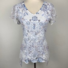 Roz & Ali Blue White Floral Lace Beaded Sequin Sharkbite Hem Top Sm Made In USA