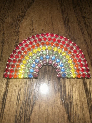 Bauer RAINBOW LGBTQ PRIDE Rhinestone Pin Brooch Vtg Costume Jewelry 2.25”X 1.25”