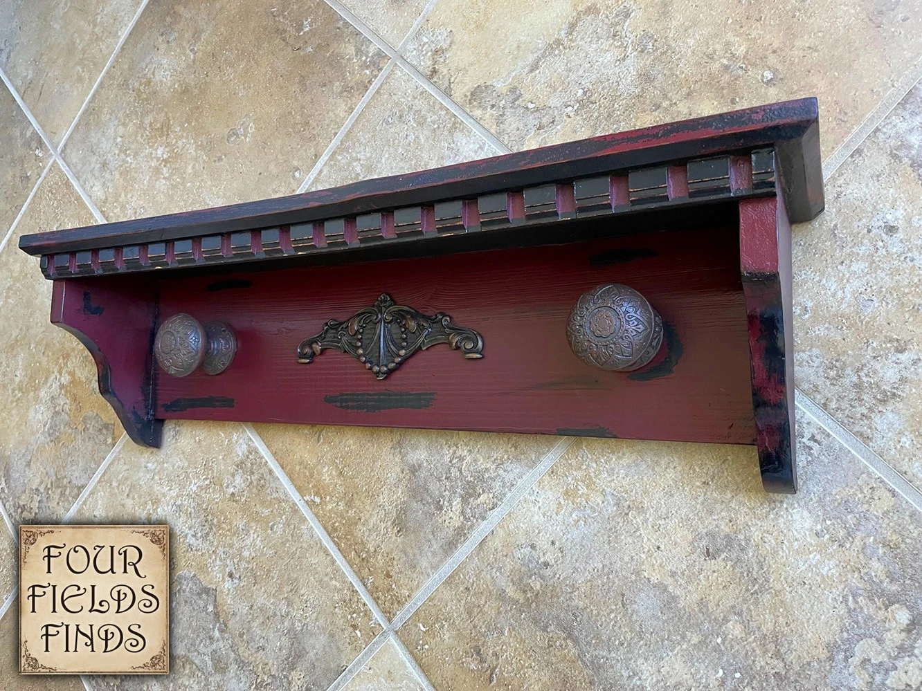 Vintage Wood Maroon/Black Distressed Shabby Farmhouse Shelf + 2 Coat Knobs 24"