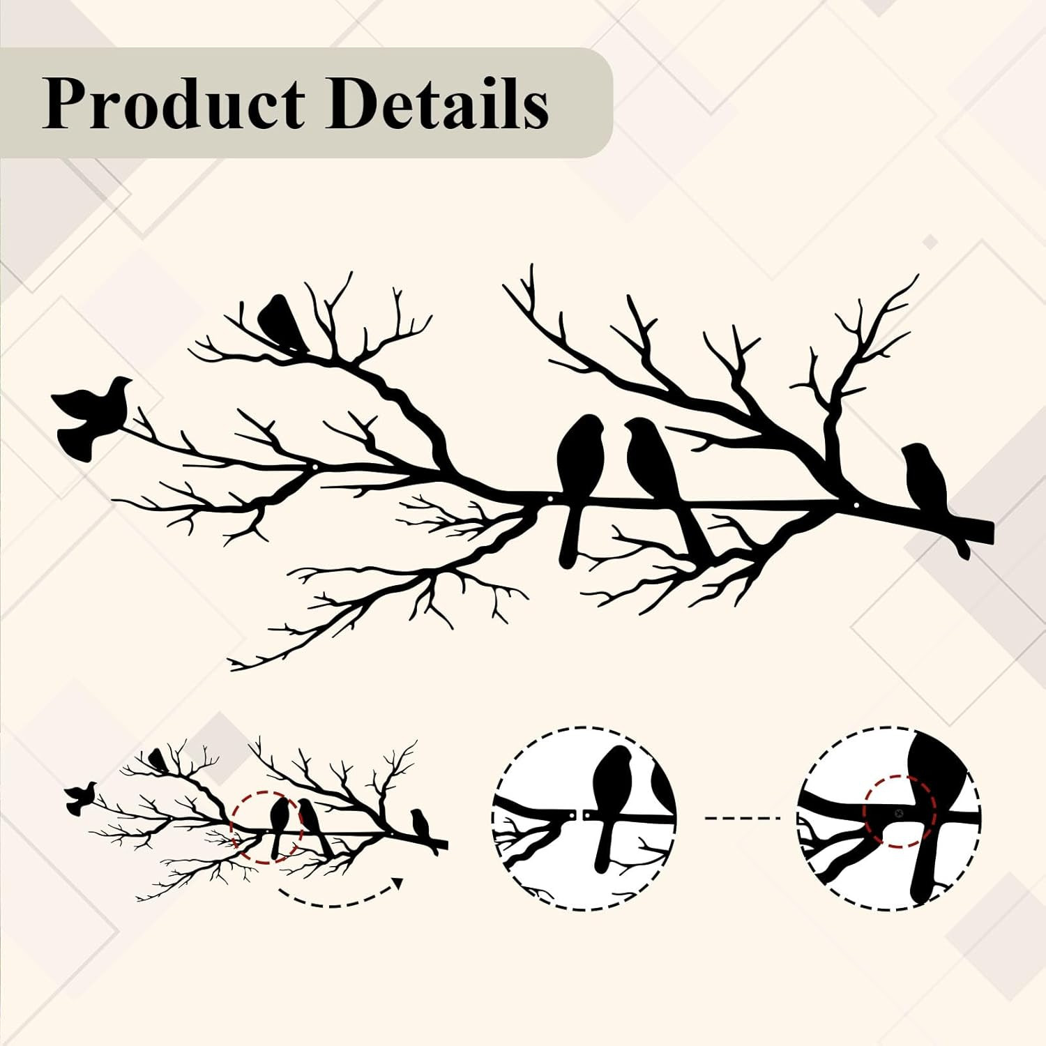 Metal Birds Wall Art, Metal Vivid Birds on Branch Silhouette Wall Decor Black Le