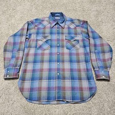 Vintage Pendleton Virgin Wool Pearl Snap Western Shirt Blue Plaid USA Size L