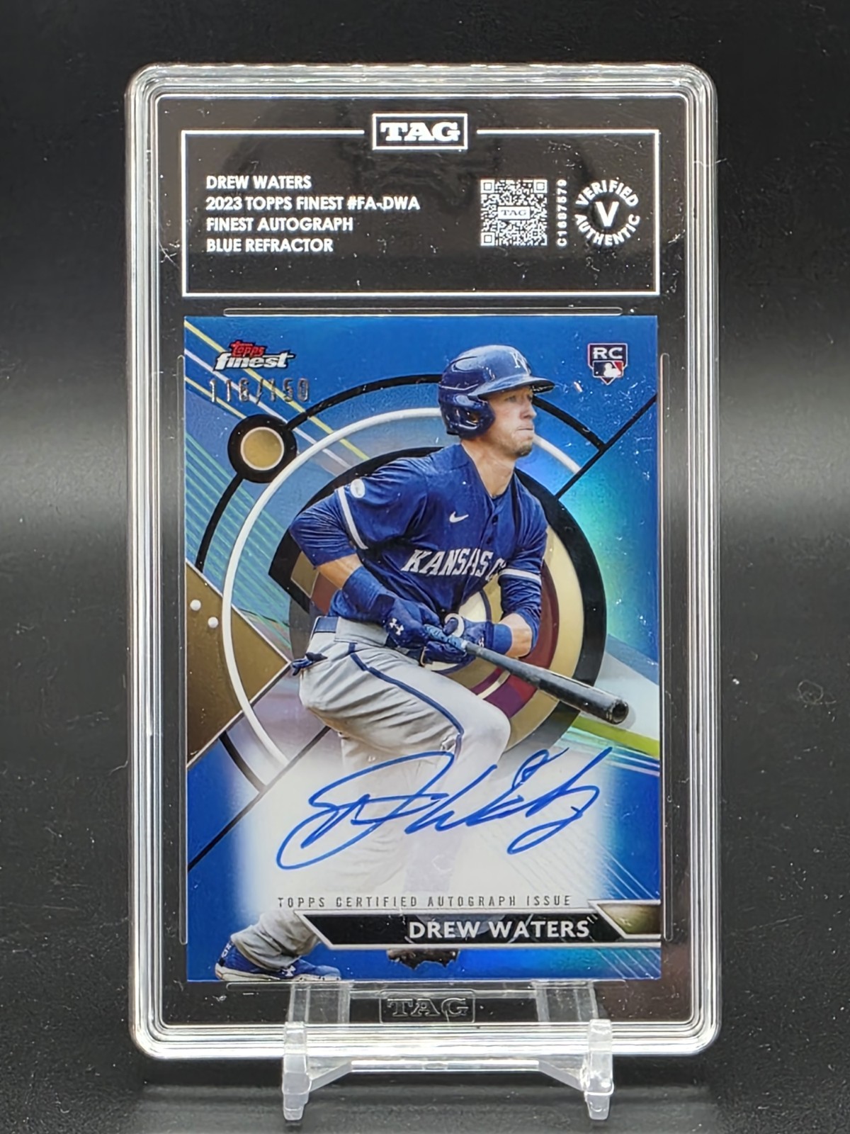 2023 Topps Finest Drew Waters RC Blue Refractor #’ed/150 Auto KC Royals FA-DWA