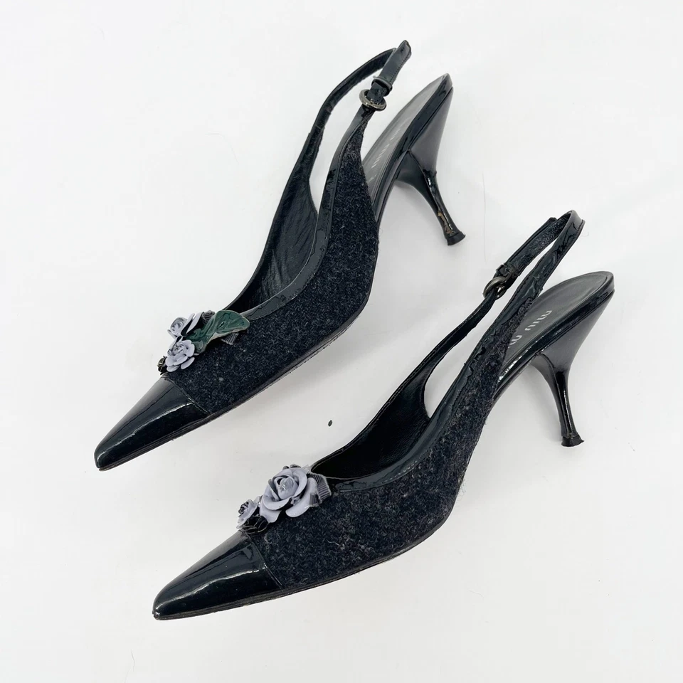 Miu Miu Vintage Charcoal Wool Black Cap Toe Floral Applique Slingback Heel IT 38 - Image 4 of 4