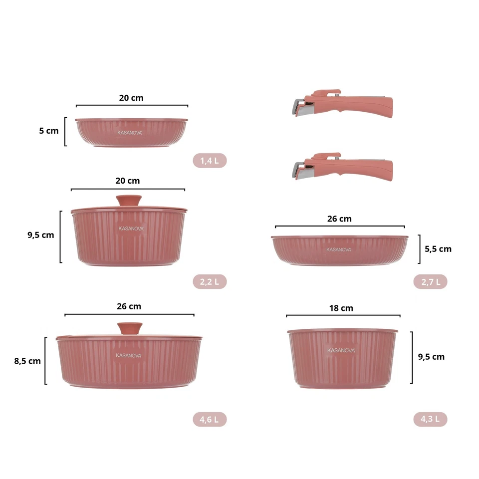 KASANOVA Batteria pentole antiaderenti per induzione 9 pezzi Eaziclip rosa - Imagen 2 de 4