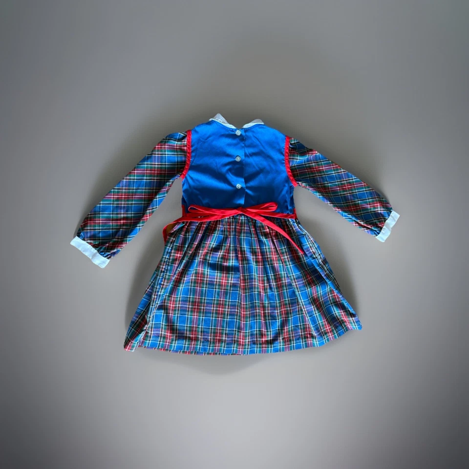 Vestido de vacaciones vintage Sears para niñas - talla 6 - cuadros azules, botones ABC, Navidad Foto 3 de 4