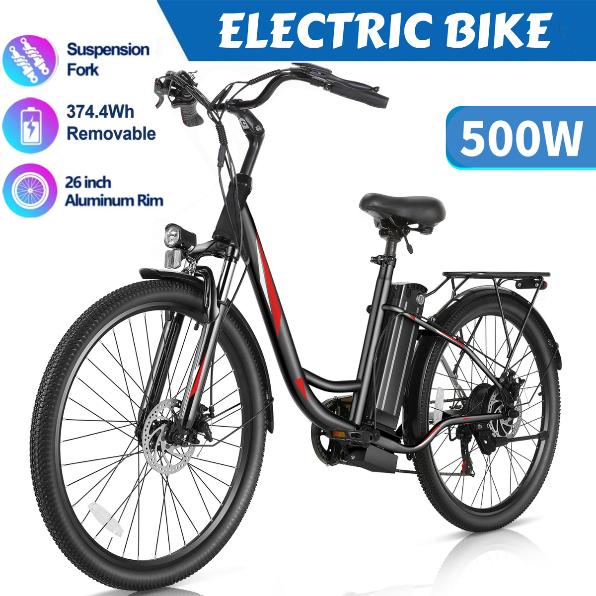 500W 26In Electric Bike Commuting Bicycle 48V Removeable LI 