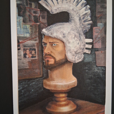 Helmet, bust, conspiracy theorist painting  ''Right All Along'' Stacy Singleton 