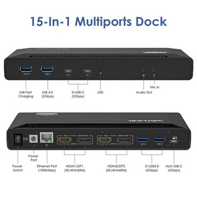 WAVLINK USB-C Docking Station Dual DP Dual Dual HDMI 4K Displays 100W Charging