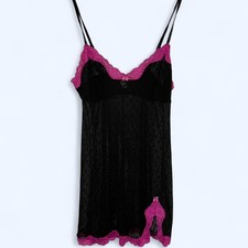 Y2K Candie  s Sheer Black Lace Slip Dress Sz L Pink Trim Lingerie Nightie